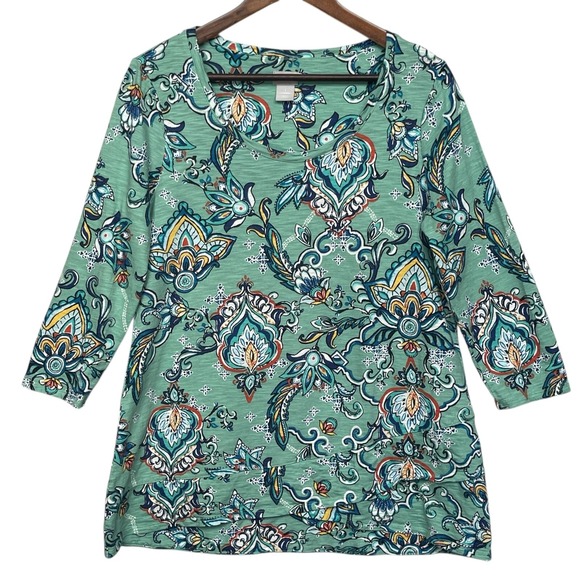 Chico's Size 1 (Medium) Tunic Top Green‎ Paisley Floral Layered Hem Cotton Modal - Picture 1 of 11